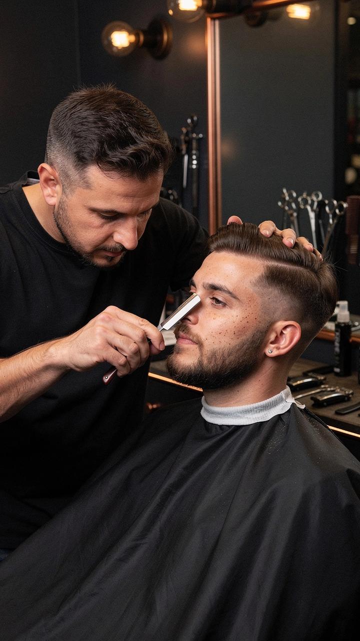 Barber shaping a client's beard line by the window of the studio