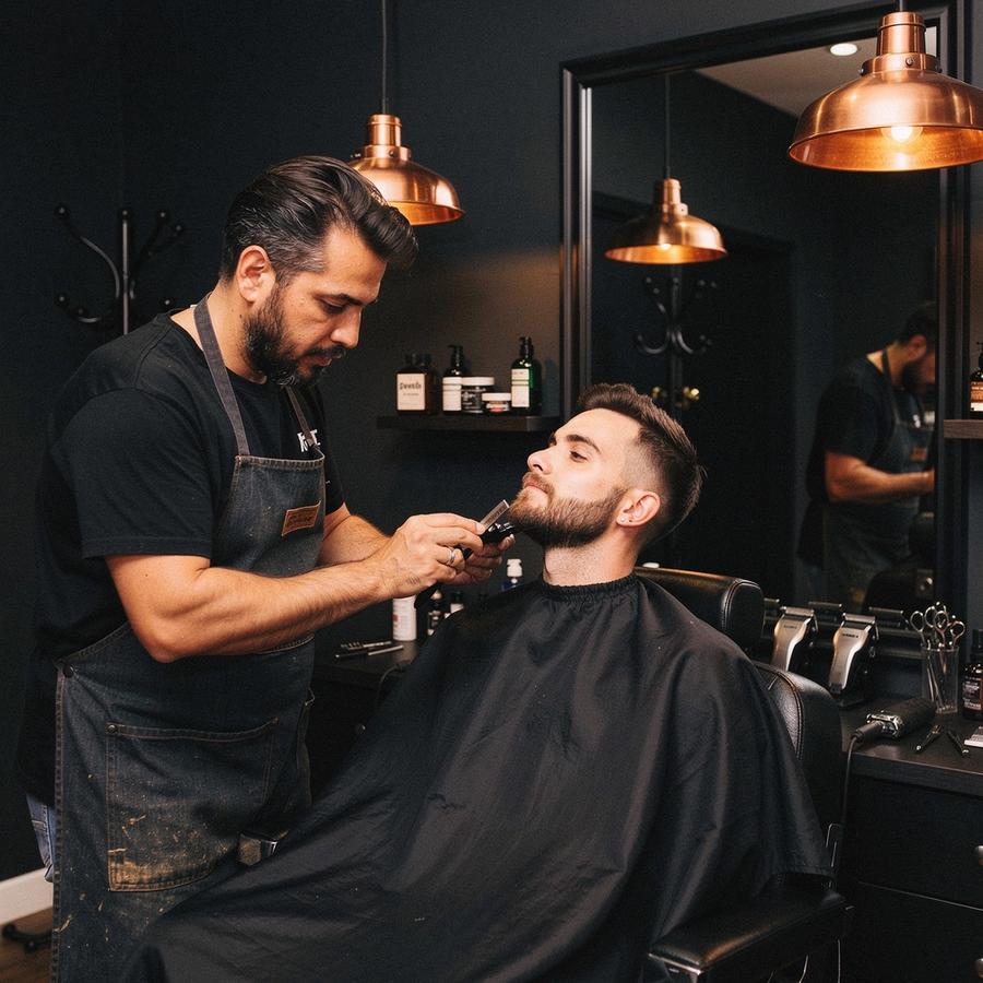 Barber shaping a beard line with a straight razor beside the studio chair